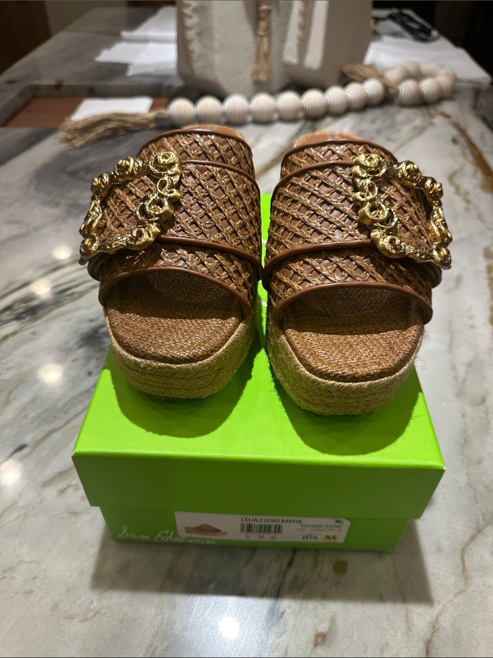 Sam Edelman Brown Raffia Platform Mules with Gold Buckle Accent